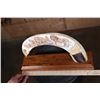 Image 6 : XXL Scrimshawed HIPPOPOTAMUS Tusk with Zebra Hide by Lovemore Loyd of Massina on a Wood Stand