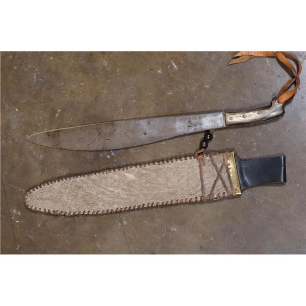Antique African "Butcher/Trade" Pattern KNIFE or MACHETE with an Elephant Hide Sheath and Horn
