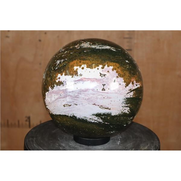 Massive XXXL Polished ORBICULAR OCEAN JASPER Mineral Sphere Specimen with Many Druzy Inclusions
