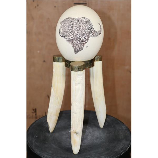 OSTRICH EGG Featuring a Scrimshawed Cape Buffalo on a HIPPOPOTAMUS Ivory Stand