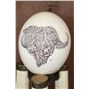 Image 3 : OSTRICH EGG Featuring a Scrimshawed Cape Buffalo on a HIPPOPOTAMUS Ivory Stand