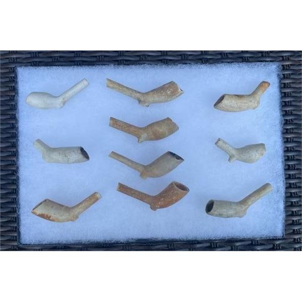 (10) Native American or Indian Clay Pipes in a Wood and Glass Display