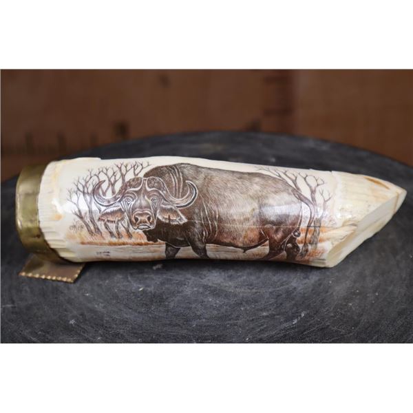 Scrimshawed HIPPOPOTAMUS Tusk or Tooth Featuring a Cape Buffalo by "Luciana" with a Brass Stand