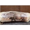 Image 2 : Scrimshawed HIPPOPOTAMUS Tusk or Tooth Featuring a Cape Buffalo by "Luciana" with a Brass Stand