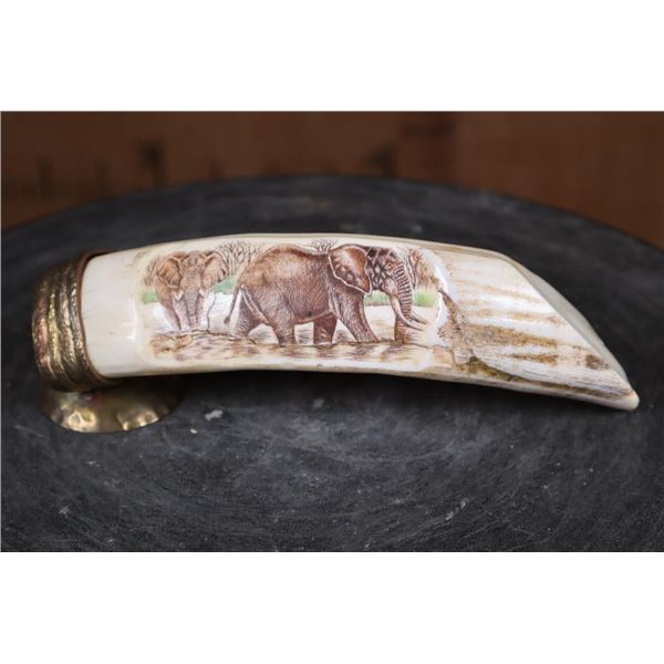 Scrimshawed HIPPOPOTAMUS Tusk or Tooth Featuring Elephants with a Brass Stand