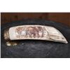 Image 1 : Scrimshawed HIPPOPOTAMUS Tusk or Tooth Featuring Elephants with a Brass Stand
