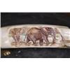 Image 2 : Scrimshawed HIPPOPOTAMUS Tusk or Tooth Featuring Elephants with a Brass Stand