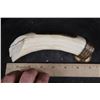 Image 6 : Scrimshawed HIPPOPOTAMUS Tusk or Tooth Featuring Elephants with a Brass Stand
