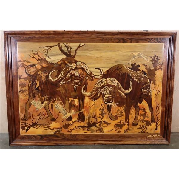 Huge Original "Cape Buffalo" Wood Inlay Art Signed by artist Andreas Bauer