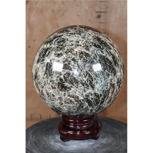 Massive XXL Polished BLACK MOONSTONE Mineral Sphere Specimen with a Wood Stand