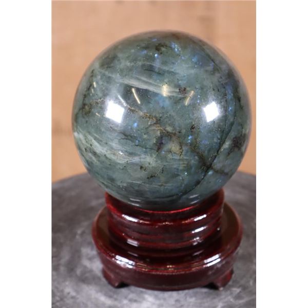 Big Polished LABRADORITE Mineral Sphere Specimen on a Rotating Wood Stand