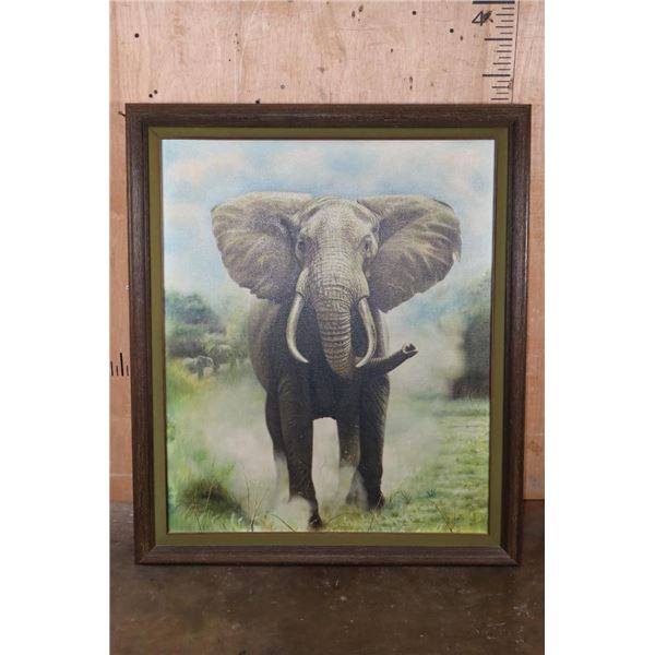 Big Original Elephant Painting Signed "Qua" in a Wood Frame