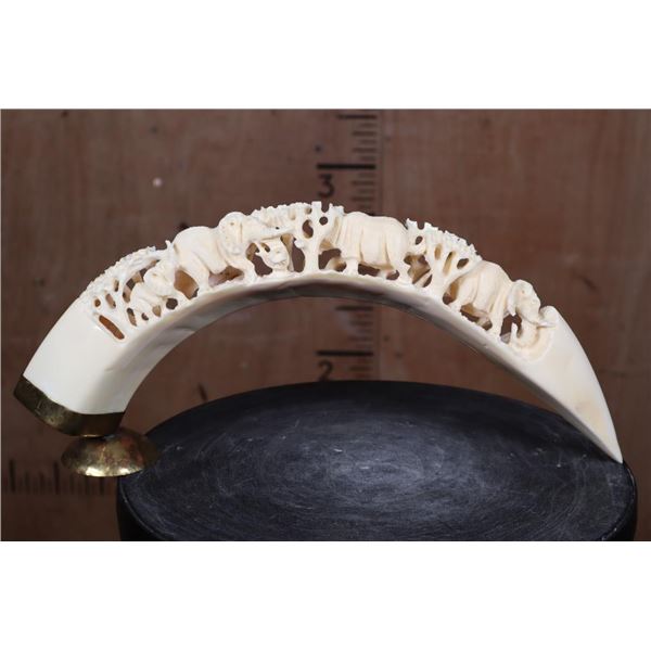 XL Hand-carved HIPPOPOTAMUS Tusk Featuring Elephants and Rhinoceros on a Brass Stand