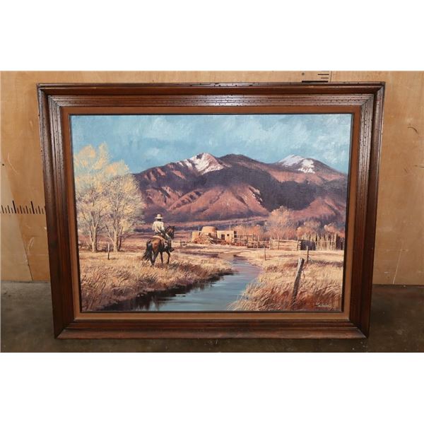 Big Original Western Oil Painting on Canvas Signed by Howard Schafer in a Wood Frame
