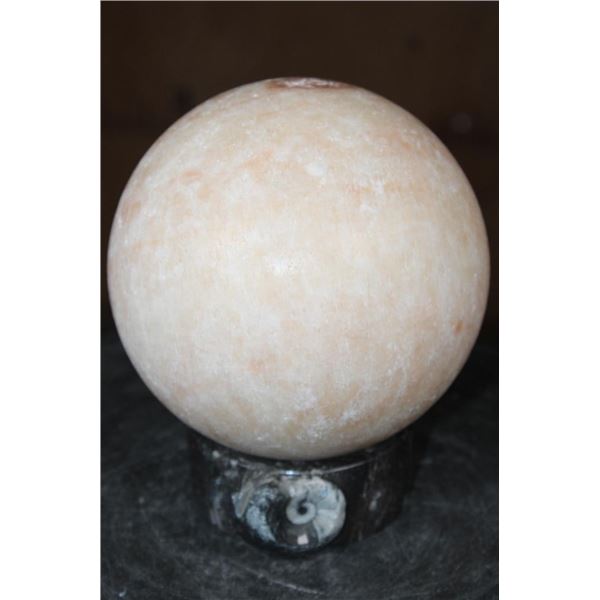Big HONEY ONYX Mineral Sphere with an Orthoceras Fossil Stand