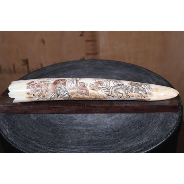 XL Scrimshawed HIPPOPOTAMUS Ivory Tusk Featuring a Lion Eating Zebra Displayed on a Wood Stand
