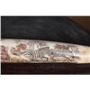 Image 4 : XL Scrimshawed HIPPOPOTAMUS Ivory Tusk Featuring a Lion Eating Zebra Displayed on a Wood Stand