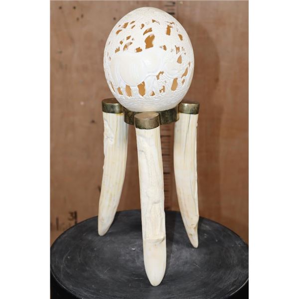 Carved OSTRICH EGG Featuring a Rhinoceros Scene on a HIPPOPOTAMUS Tusk Stand