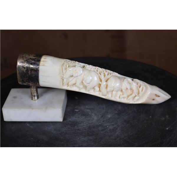 Carved HIPPOPOTAMUS Tusk Featuring Elephants Signed "T.D" on a Marble Display Stand