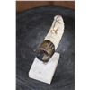 Image 4 : Carved HIPPOPOTAMUS Tusk Featuring Elephants Signed "T.D" on a Marble Display Stand