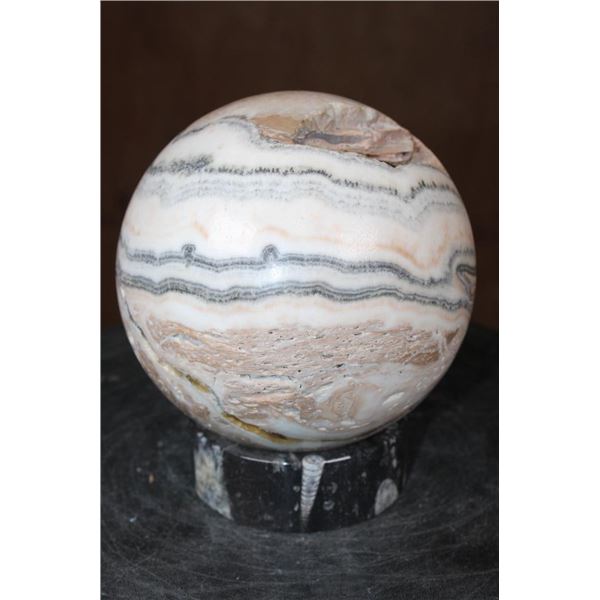 Big Polished SPIRIT STONE Mineral Sphere with an Orthoceras Fossil Stand