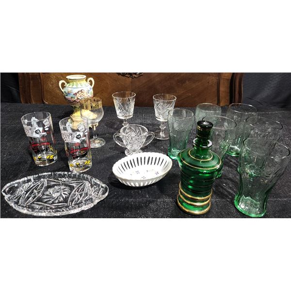 Glassware Lot: Coca-Cola Glasses, Hand Painted Vase, Crystal, and Barware