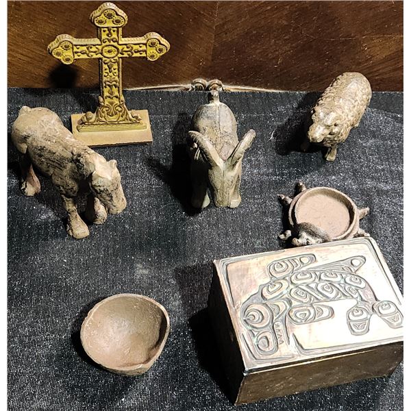 Ceramic Animal Figurines, Cross, Small Bowl, Box and Dish Assortment