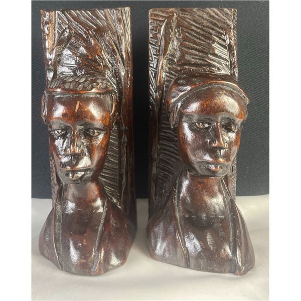Hand-Carved Wooden Bust Bookends