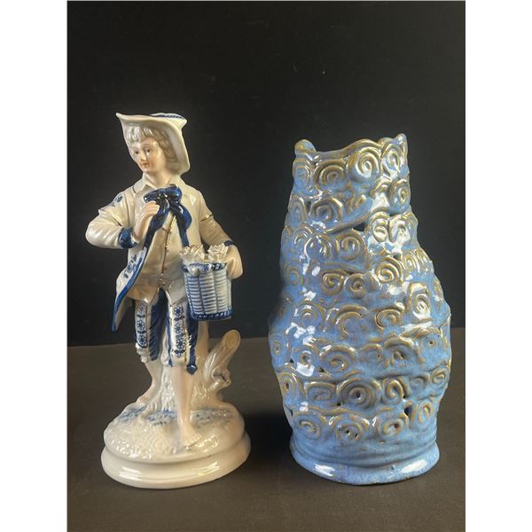 Lefton Taiwan Porcelain Boy Figurine and Alison Jaken Blue Glazed Ceramic Vase