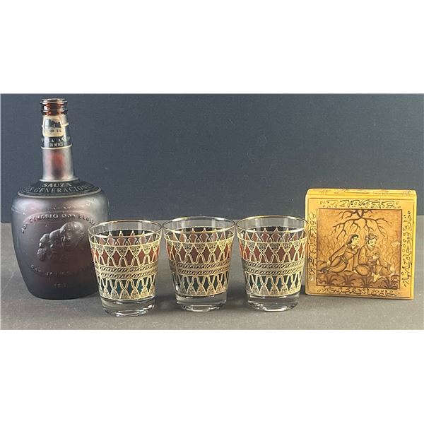 Sauza Tres Generaciones Bottle, 3 Patterned Glasses, Hand-Painted Persian Art Coaster Set
