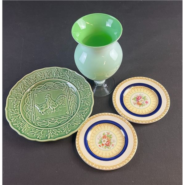 Bordallo Pinheiro Plate, Woods Ivory Ware Buckingham Saucers, Green Cased Glass Vase