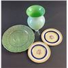 Image 1 : Bordallo Pinheiro Plate, Woods Ivory Ware Buckingham Saucers, Green Cased Glass Vase