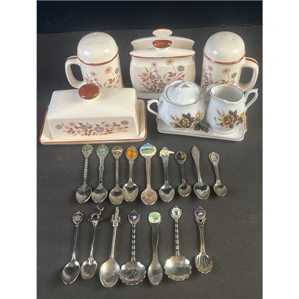 Floral Ceramic Kitchenware Set and Porcelain Creamer, Sugar Spoons