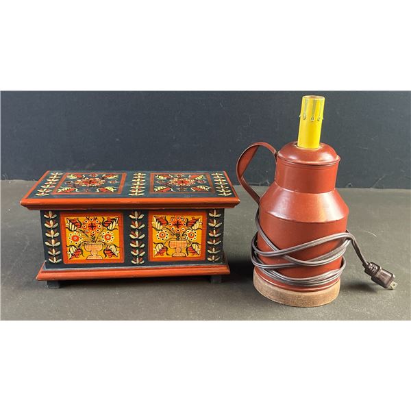 Vintage Hand-Painted Wooden Folk Art Trinket Box and Primitive Nightlight Lamp Pair