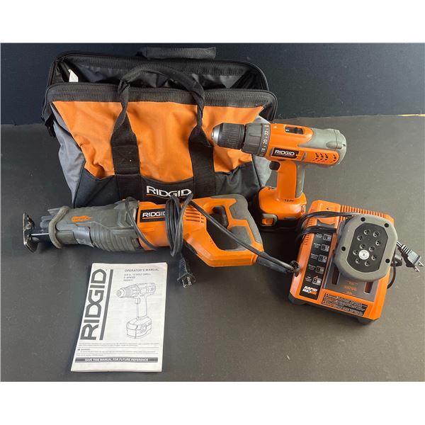 RIDGID 12V Power Tool Set: Drill, Reciprocating Saw, Charger,and Bag