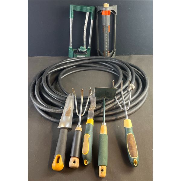Garden Tool Lot: 2 Sprinklers, Hose, Trowel, Cultivators, Weeder, Hoe
