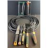 Image 1 : Garden Tool Lot: 2 Sprinklers, Hose, Trowel, Cultivators, Weeder, Hoe