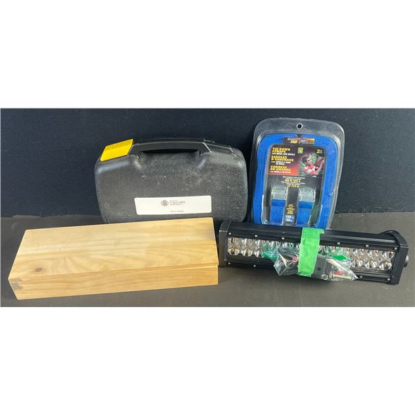Lot: Tool Kit, Wooden Box With Tools, Tie Down Straps, LED Light Bar