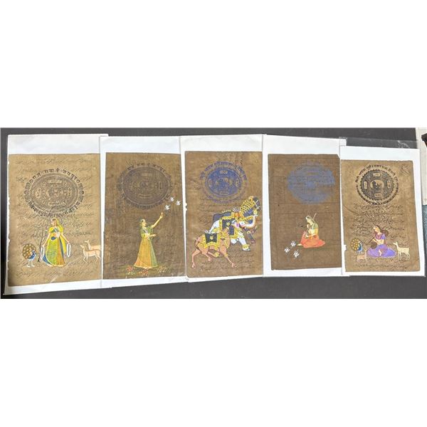 5 Indian Illustrated Revenue Stamp Documents with Hand-Painted Figures