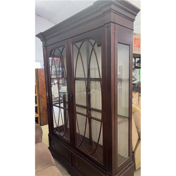 Tall Wood Display Cabinet with Glass Doors, Sliding Doors, 2 Drawers