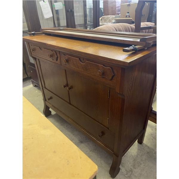 Solid Oak Sideboard with Two-Door Cabinet, and Mirror Back