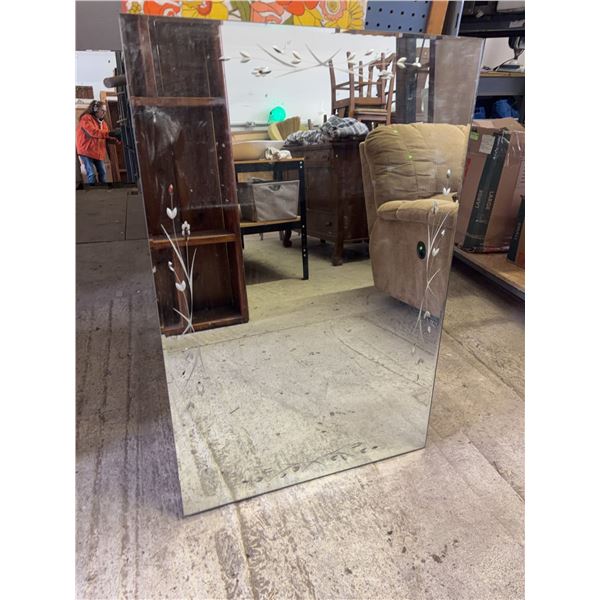 Rectangular Wall Mirror With Etched Floral Border, Beveled Edge