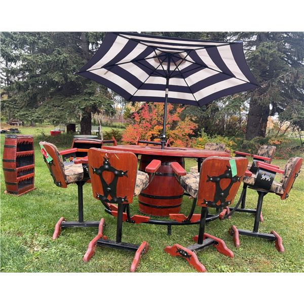 Custom Outdoor Barrel Patio Set With 6 Barrel Chairs, Table, Umbrella