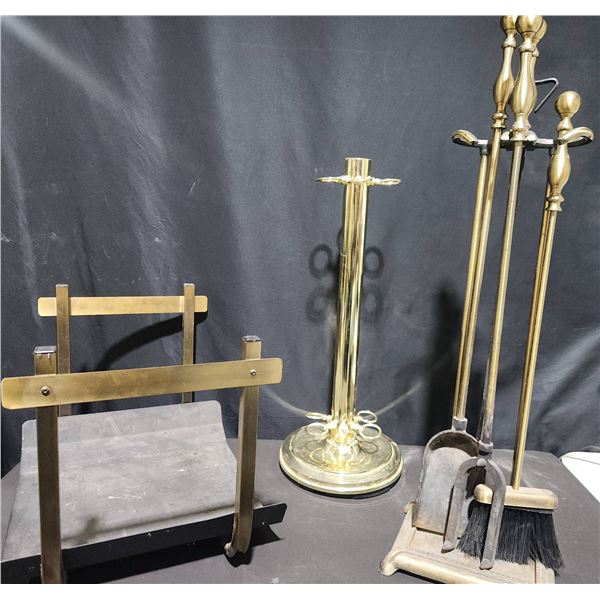 Brass Fireplace Tool Set, Log Holder, and Umbrella Stand Assortment