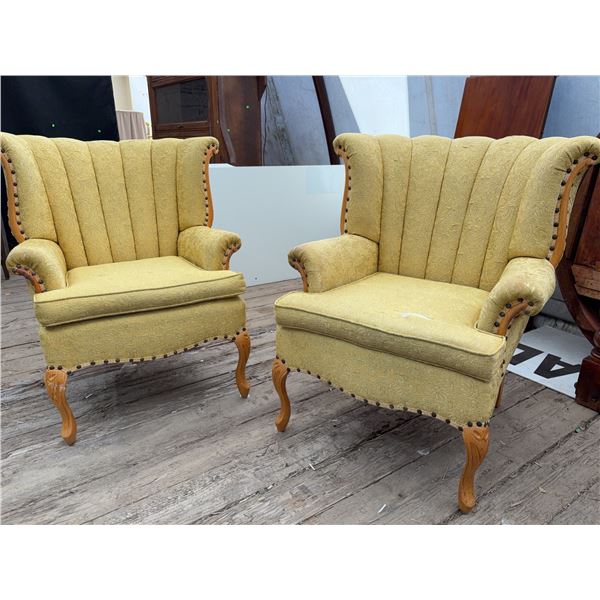 Upholstered Yellow Wingback Armchairs with Carved Wooden Leg/Nailhead Trim