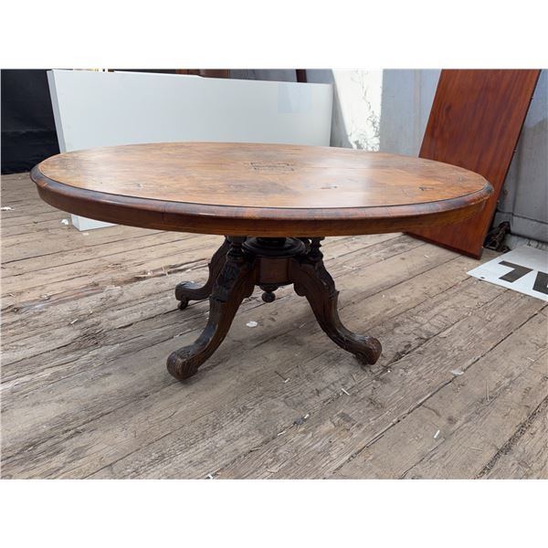 Oval Wood Table with Inlay, Carved Pedestal Legs