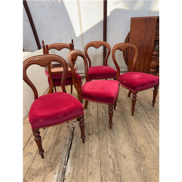 4 Balloon Back Chairs with Red Upholstered Seats, Turned Legs, Wood Frames