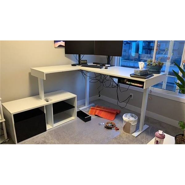 White Adjustable Corner Standing Desk With Shelving Units