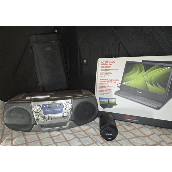 Toshiba 14'' USB Mobile LCD Monitor, Sony CFD-S01 Boombox, Nikon 70-300mm DX Lens