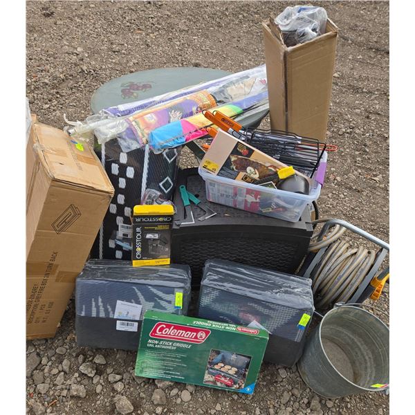 Patio Lot: Mats, Firebox, Hose Reel, Table, BBQ Accessories & More